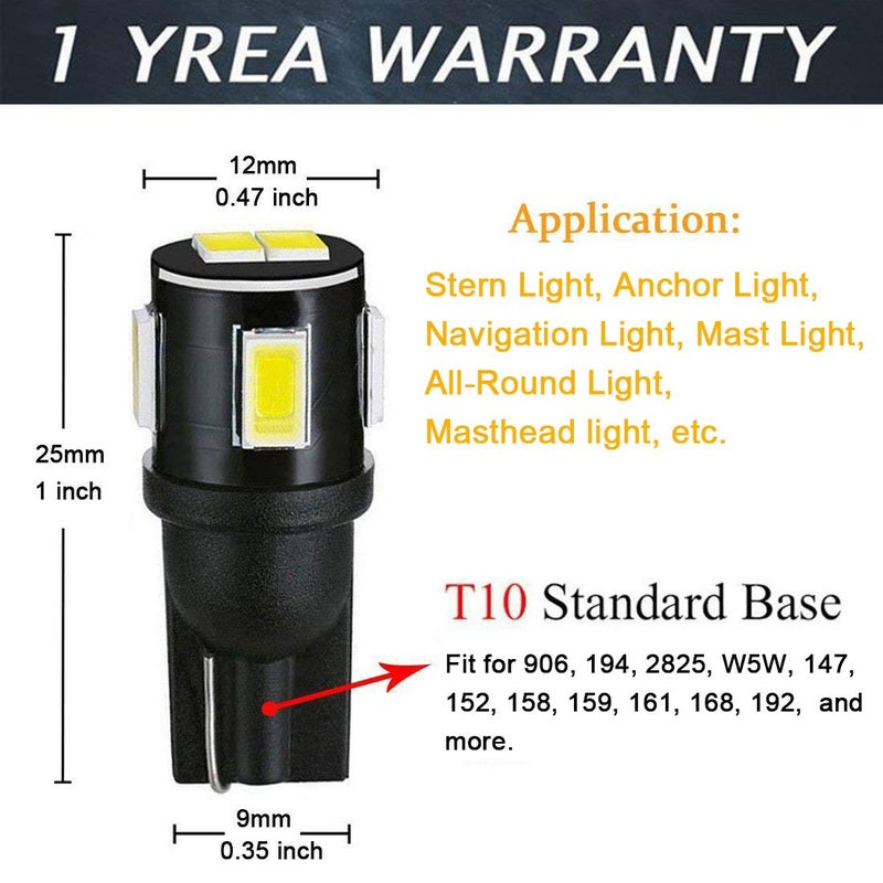Shangyuan مصابيح LED شانغيوان 906 قاعدة وتد T10 لمصابيح القوارب البحرية تناسب مصابيح المؤخرة ومصابيح المرساة ومصابيح الملاحة ومصابيح الضوء الشامل ومصابيح الصاري للقوارب الكاياك والقوارب الصغيرة والقوارب العائمة DC12V بيضاء (عبوة من 4)  - Image 4